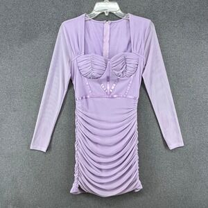 Corset Mini Dress Womens Medium Lavender Ruched Mesh Long Sleeve Bodycon SHEIN